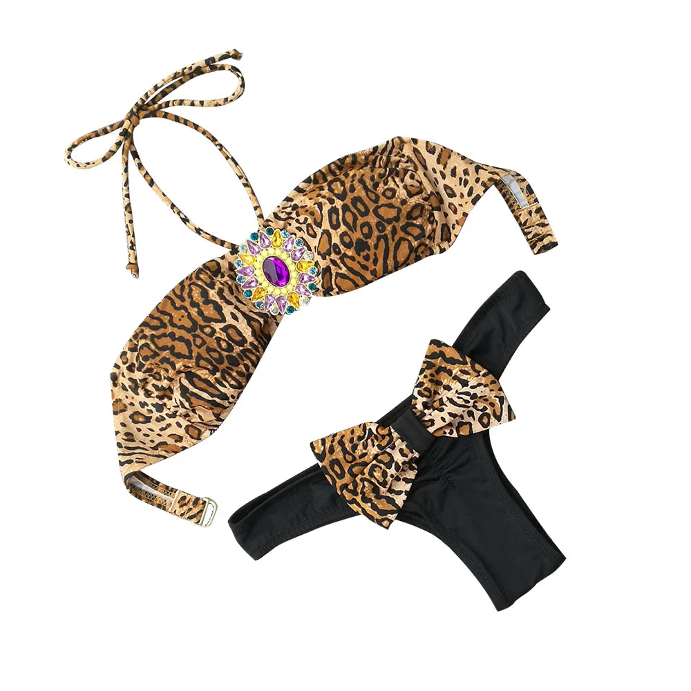Sexy Bikini for Women Swimsuit Biquini Black Thong Cheeky Bottom Brazilian Set Yellow Leopard Jewelry Diamond Girl