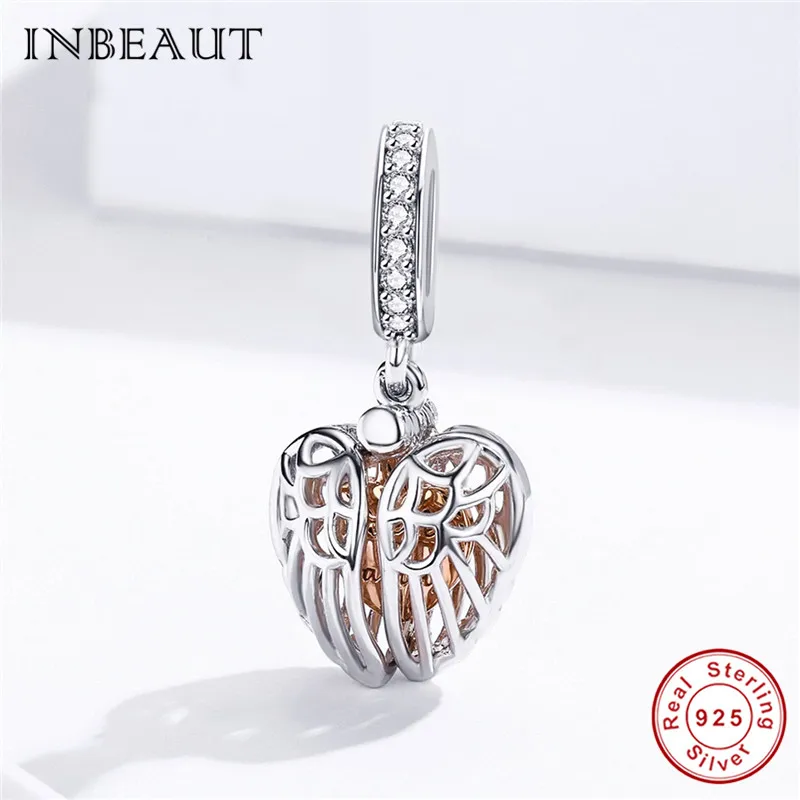 INBEAUT Настоящее 925 пробы серебряный браслет Пандора с крылом сердца, розовое золото, подвеска в форме сердца с буквами для самостоятельного изготовления ювелирных изделий, подарок