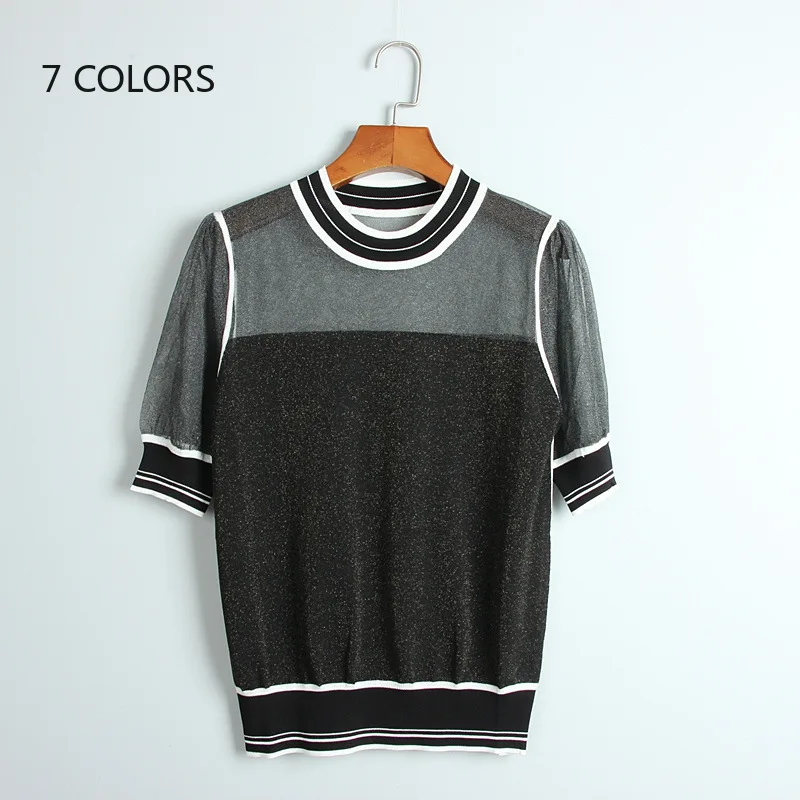 Женская трикотажная футболка с коротким рукавом летний сетчатый топ люрексом в