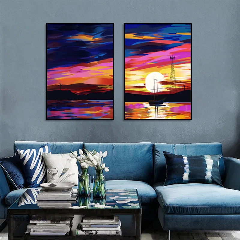 3 Pieces Sunset Clouds Landscape Canvas Painting Natural Sea Beach Sailboat Poster Abstract Wall Art Pictures Nordic Home Decor | Дом и сад