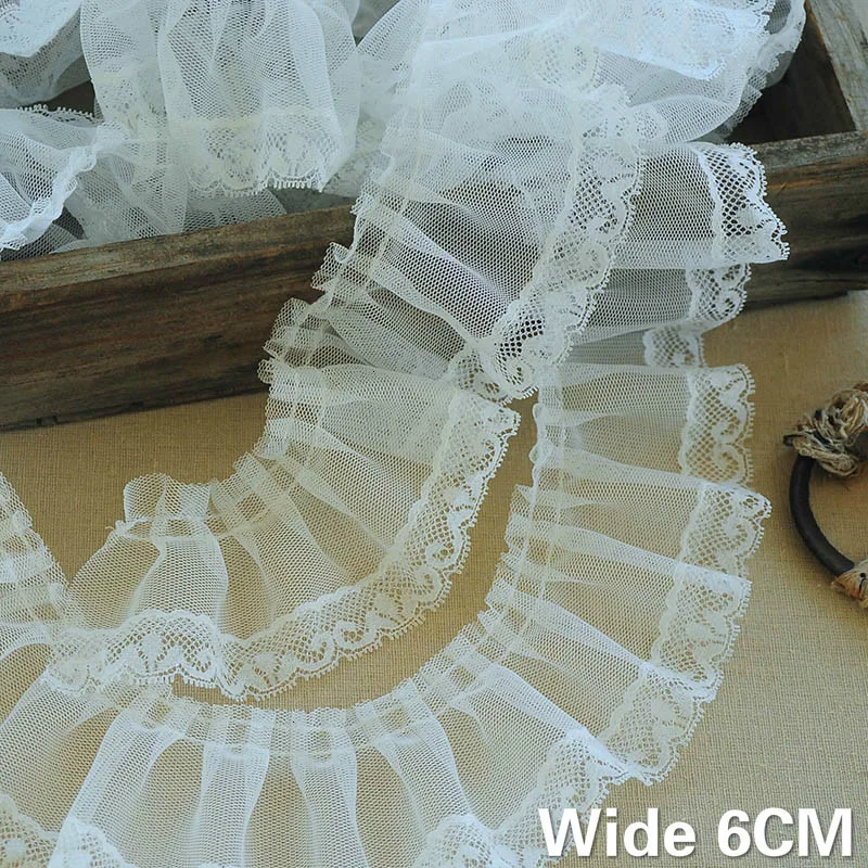 

6CM Wide Luxury White Tulle 3d Pleated Lace Applique Embroidered Dress Guipure Collar Fringe Ruffle Trim Ribbon DIY Sewing Decor