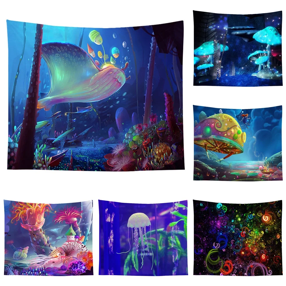 

Hippie Tapestry Trippy Mushroom Background Cloth Wall Decor Cloth Colorful Underwater World Jellyfish Tapestry Home Art Mural