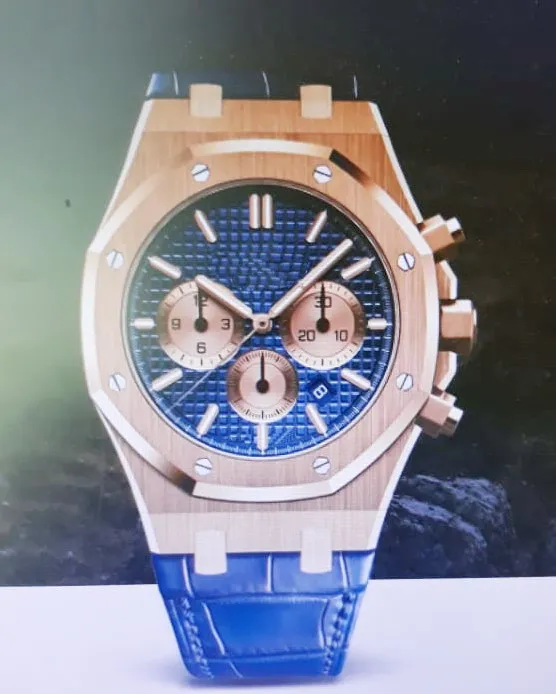 

Classic New Chronograph Men Stopwatch Sapphire Crystal Blue Leather Rose Gold Stainless Steel Sport Watches Limited AAA+