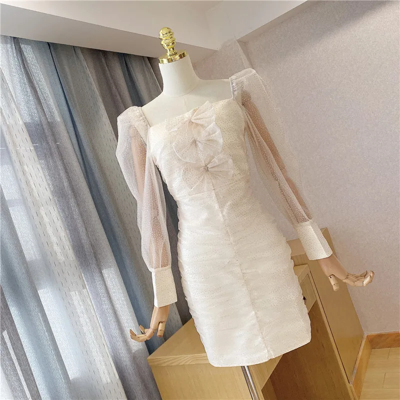 

Korea 2021 Spring New Arrival Women Square Colar Lantern Sleeve Bow Voile Spliced Ruched Party Dress Elegant Mini Dress