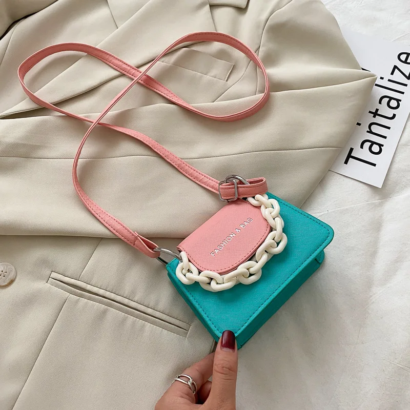 

Youth Ladies Simple Versatile Bag Women Mini Crossbody Bag Acrylic Chain Lady Hit Color PU Leather Luxury Designer Shoulder Bag
