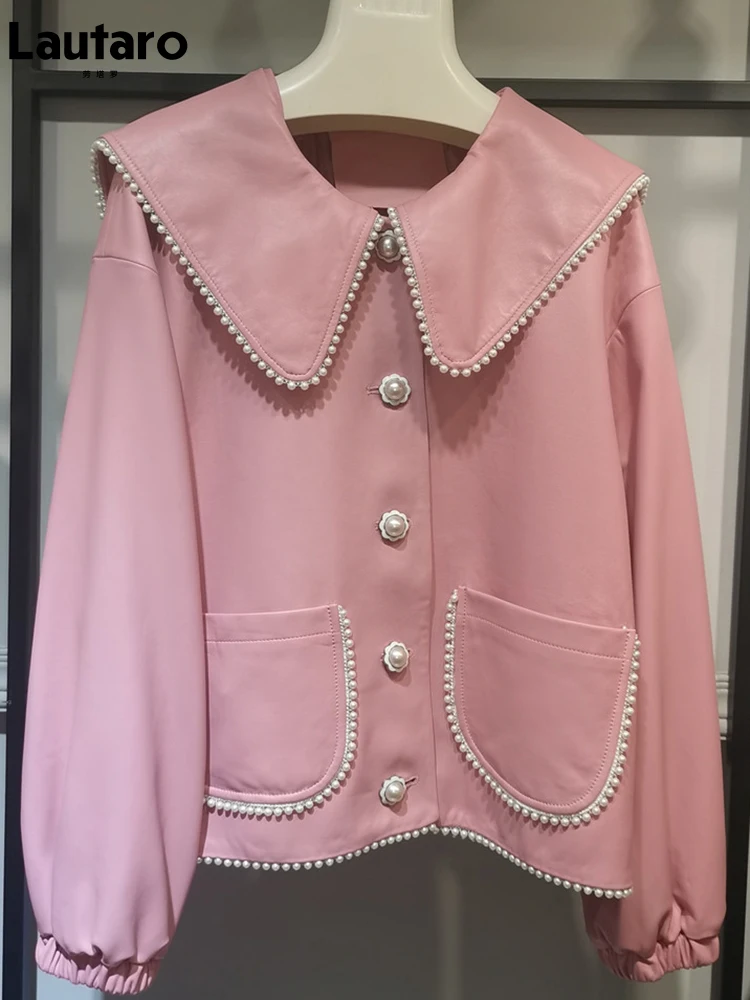 

Lautaro Осенняя розовая милая куртка из мягкой искусственной кожи с карманами с длинным рукавом и воротником Питера Пэна Дизайнерское Элегант...