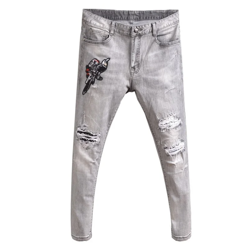 Джинсы-Карандаш мужские с вышивкой в виде птиц винтажные рваные брюки из денима