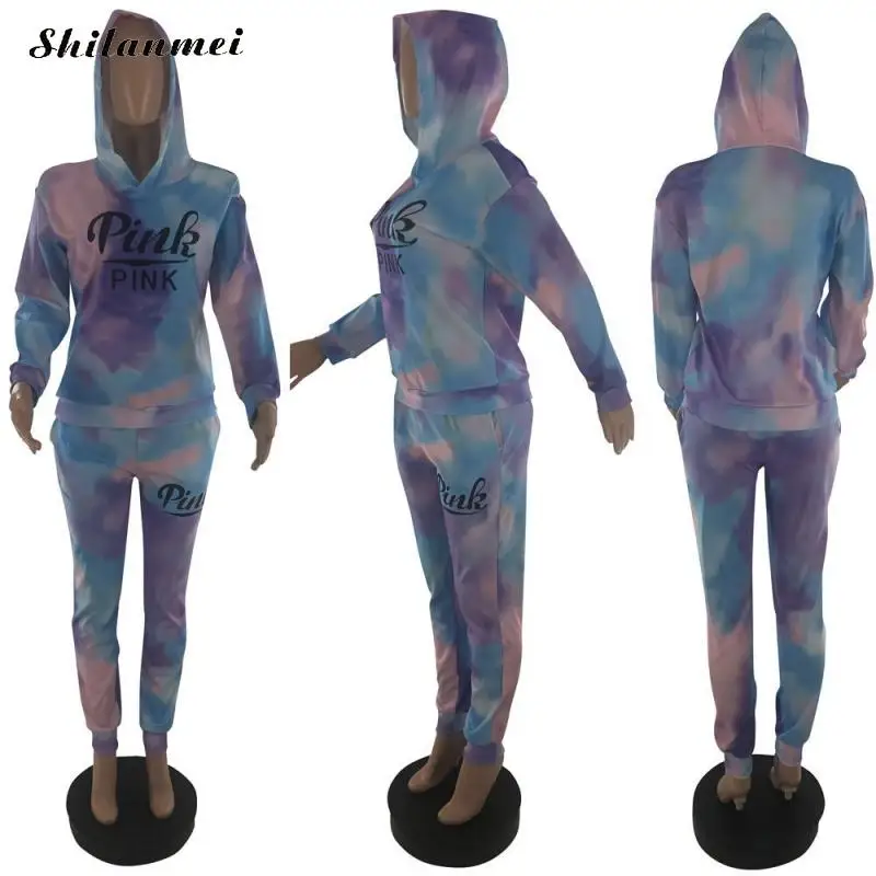 

Tie Dye 2 Piece Set Women Plus Size 3XL Tracksuits Suits Pink Letter Print Casual Sporty Hoody Outfits 2021 Fashion Sweatsuits