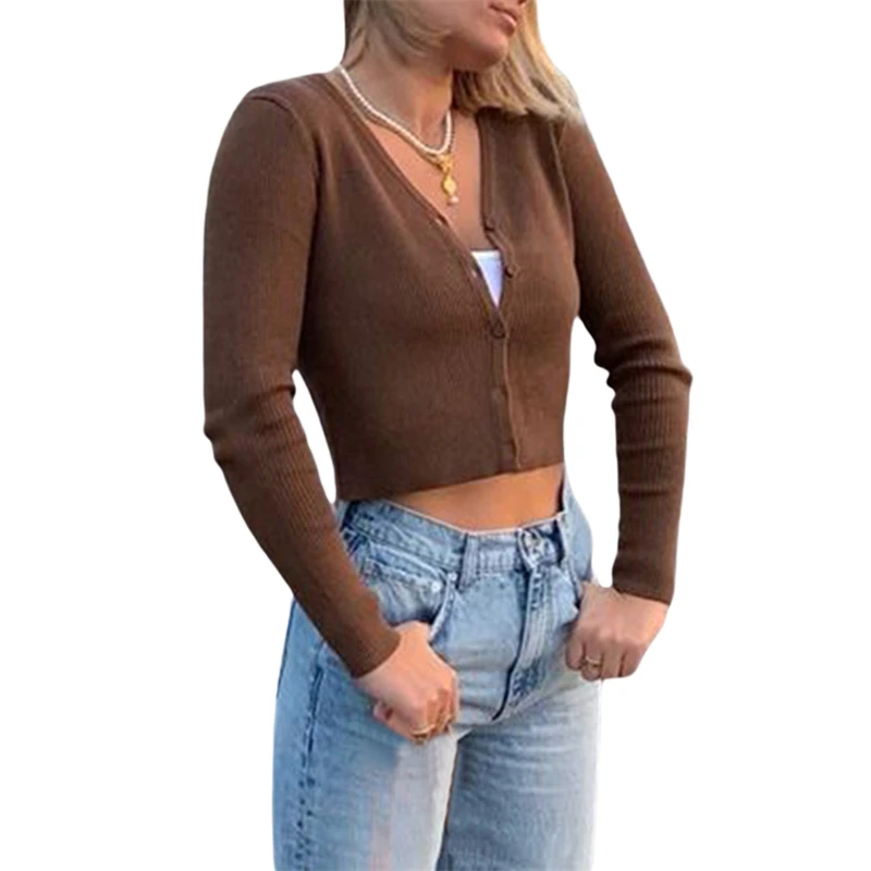 

Hirigin 2021 Y2K Women Button Down Crop Tops Long Sleeve V Neck Solid Color Rib Knit Cardigan Summer Spring 90S Casual T Shirts