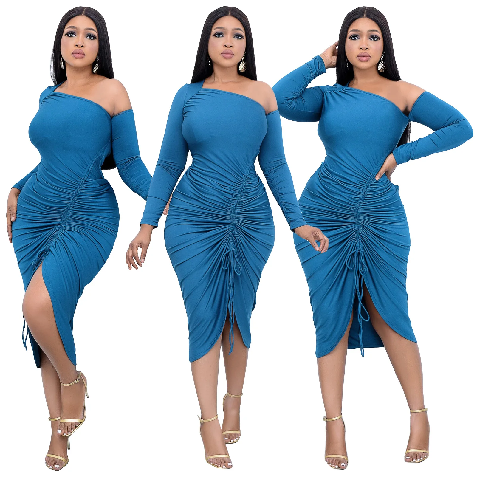 

Donsignet Fashion Sexy Solid Dresses for Women Diagonal Collar Long Sleeve Split Folds Dress Woman