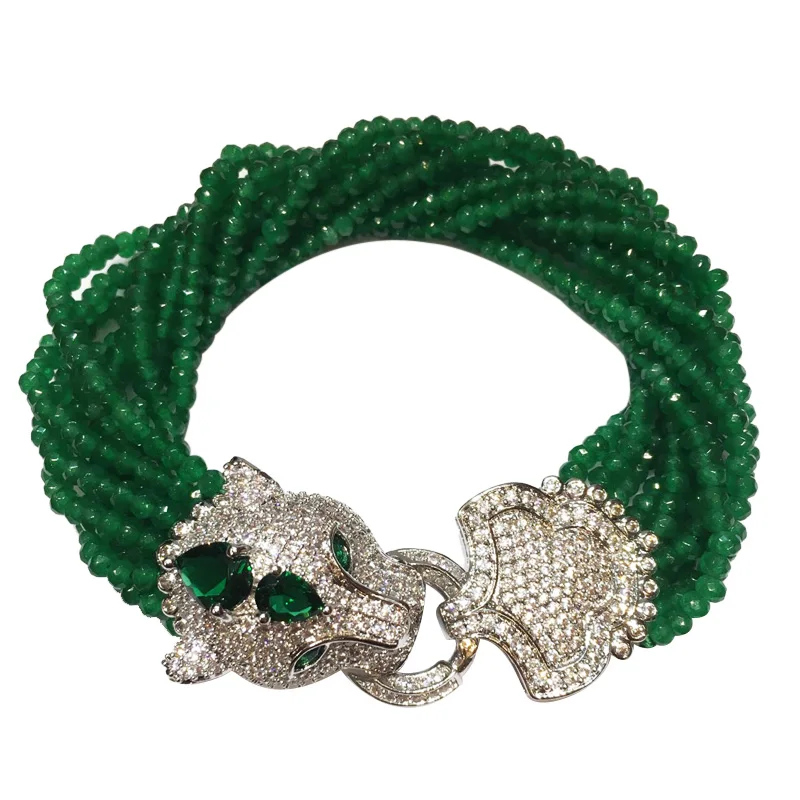 

Handmade leopard head micro inlay zircon clasp green Jade stone multi-rows bracelet