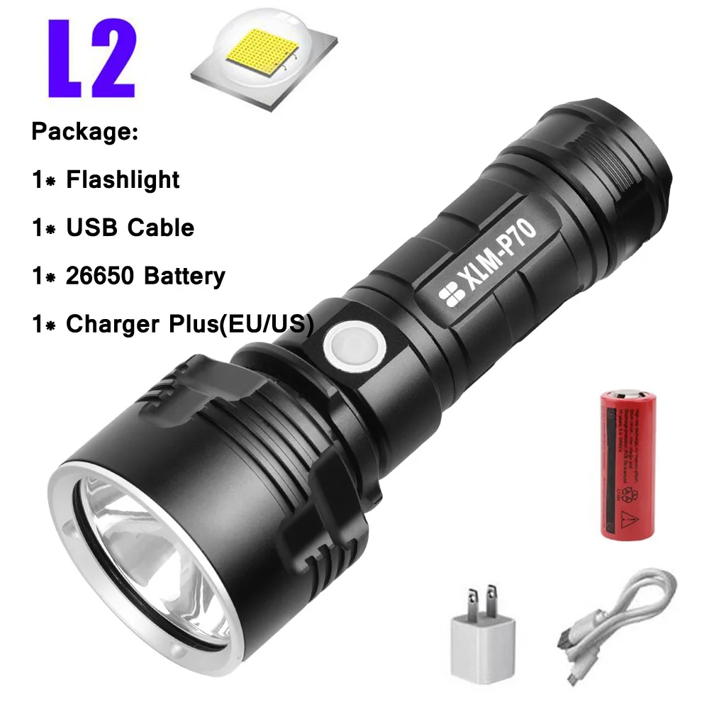 Anjoet супер мощный светодиодный фонарик L2 XHP70.2 тактический фонарь USB перезаряжаемая водонепроницаемая лампа яркий фонарь кемпинг 26650 - Испускаемый цвет: L2-C