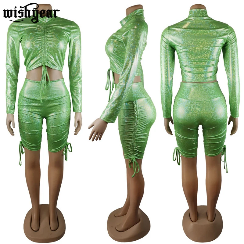 

High Street Two Piece Suit Turtleneck Bronzing 2019 Biker Shorts Suit Long Sleeve Drawstring Crop Top+Short Pant Club Sport Set