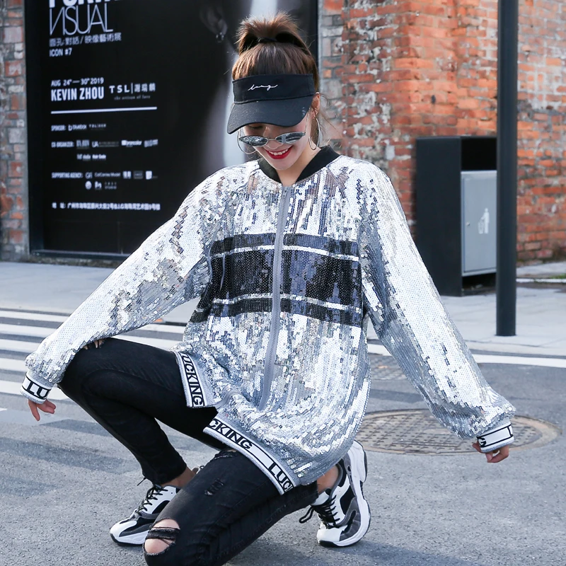 Vefadisa Осеннее Женское пальто с блестками буквенным принтом Свободный кардиган