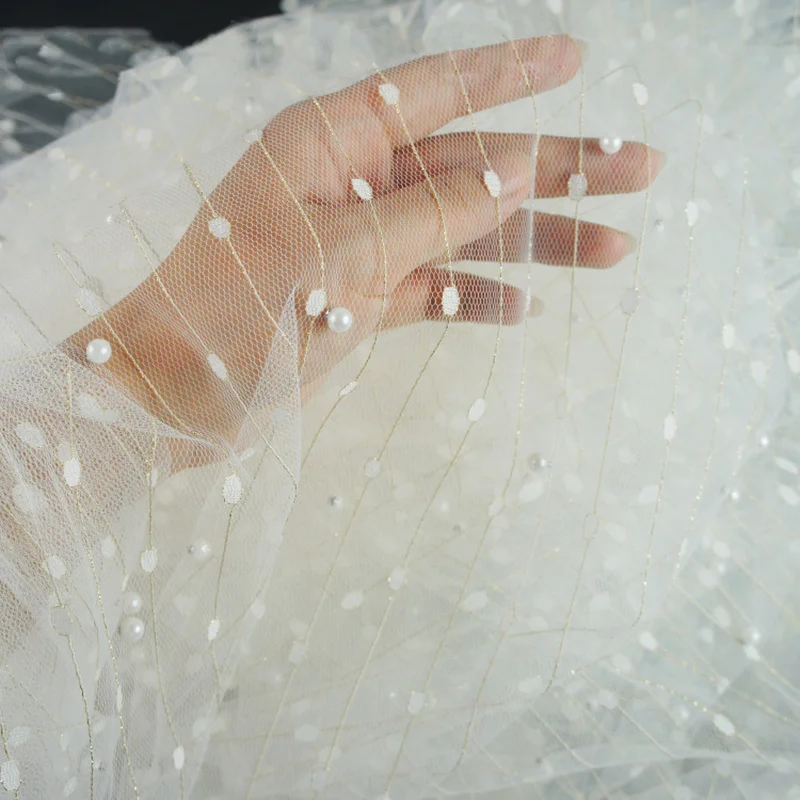 

160CM X100CM Sequin Pearls Veil Fabric Organza Mesh Gold Line for Dress Party Skirts Stage Wedding Decoration Fabrics Handmake