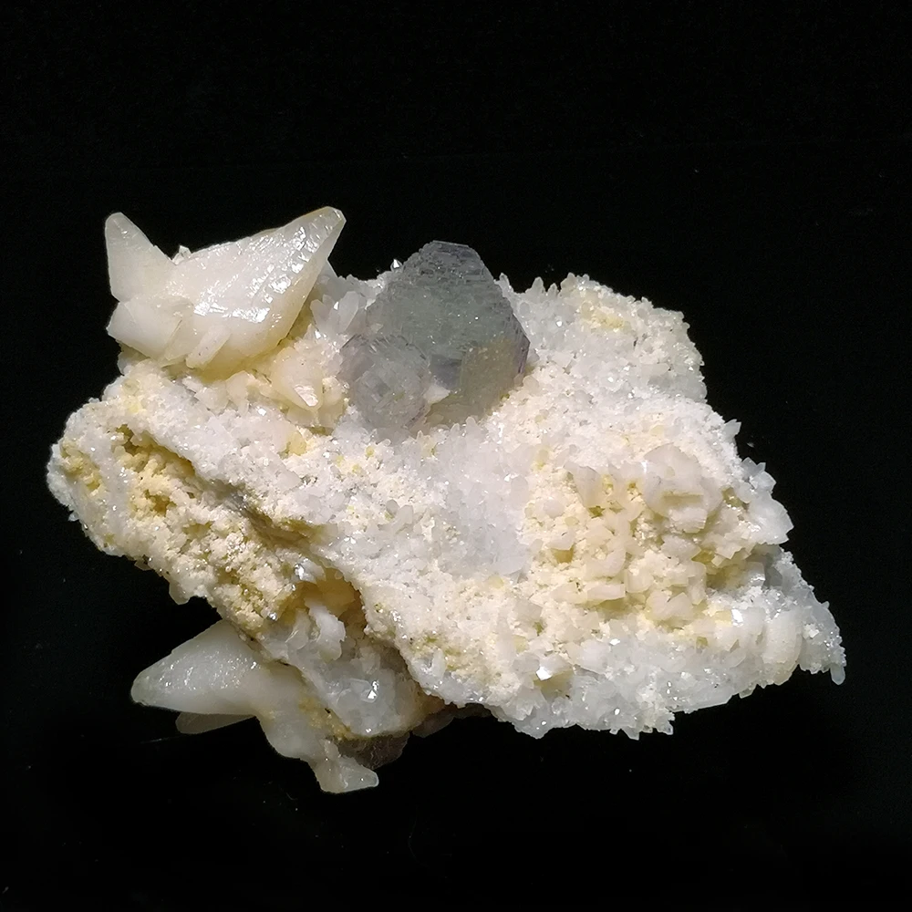 

402g Natural Stone Blue Fluorite Quartz Calcite Dolobite Pyrite Mineral Crystal Specimen from Shangbao Hunan Province China A3-4