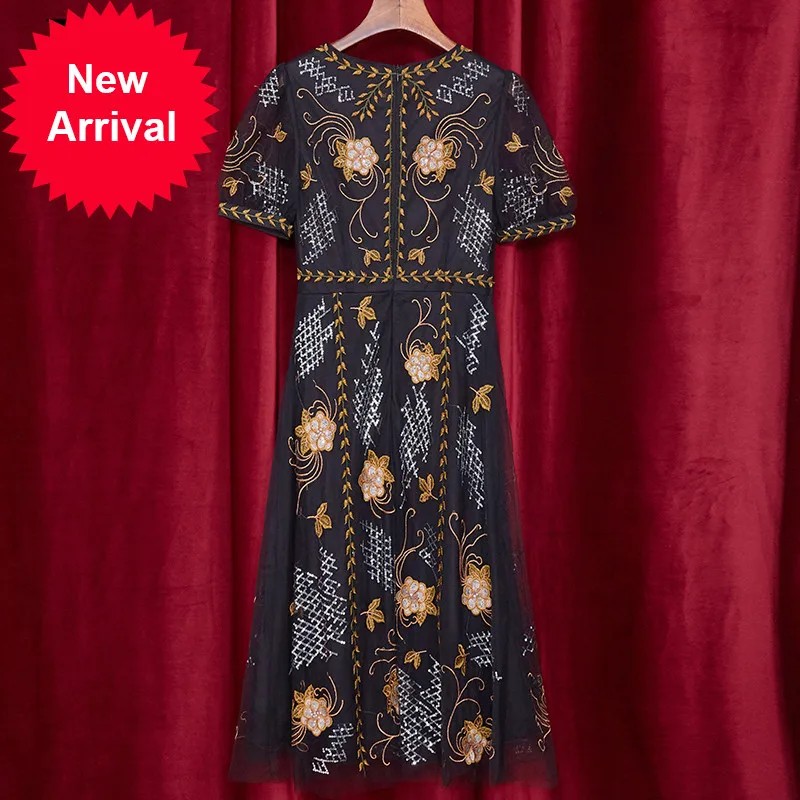 

New 2021 Summer Runway Midi Dresses Women Puff Sleeve Gorgeous Sequins Embroidery Black Mesh Vintage Party Dress