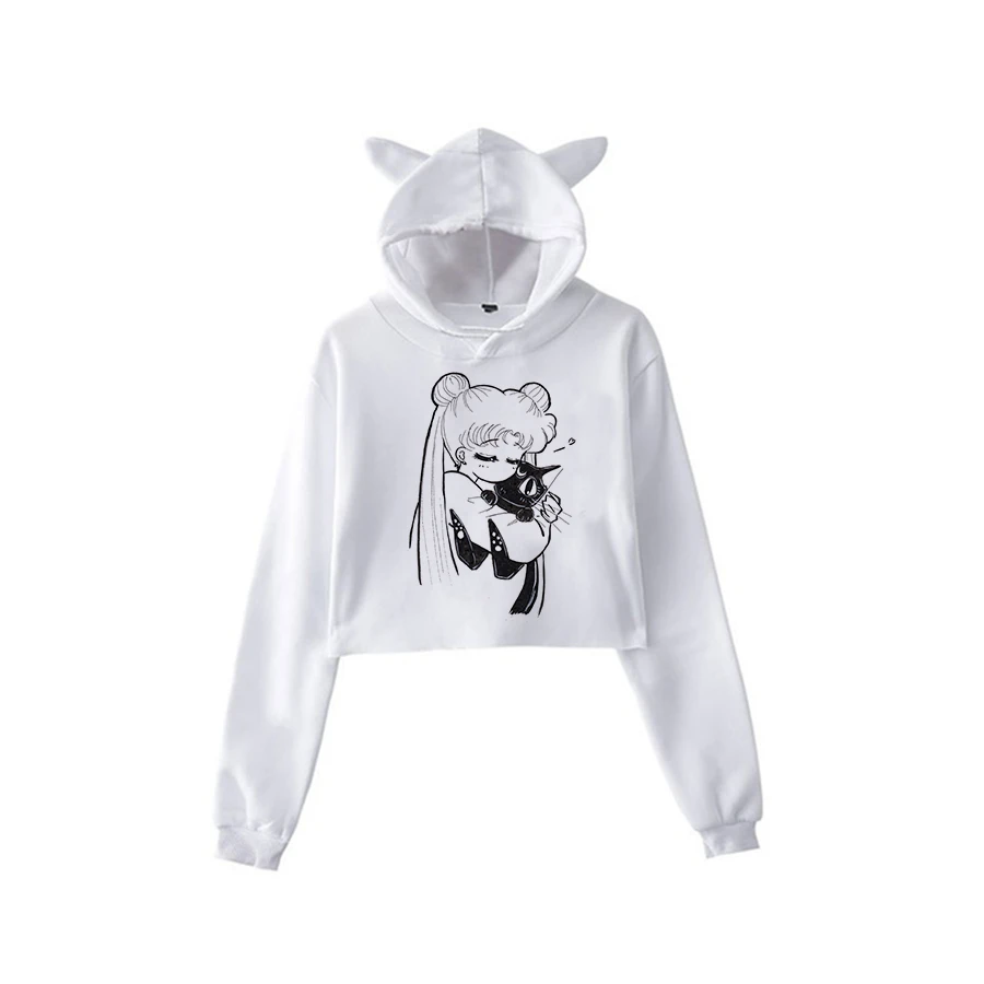 Сейлор Мун Харадзюку Толстовка корейский стиль ulzzang kawaii 90s мультфильм одежда пуловеры новые негабаритные с капюшоном уличная - Цвет: white507