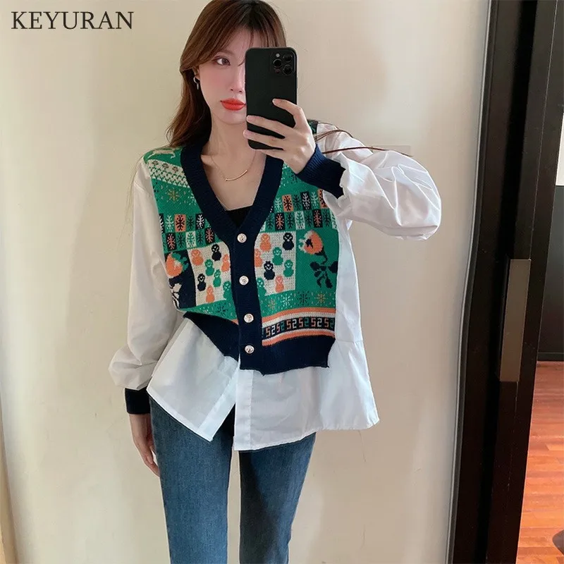 

2021 Autumn Knitted Patchwork Shirts Women V-Neck Long Sleeve Fake Two Piece Vintage All-Match Elegant Loose Stitching Blouses