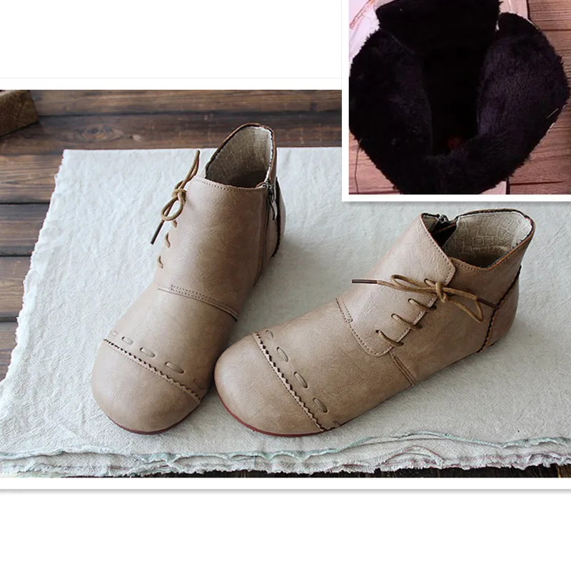Khaki Fur HUIFENGAZURRCS/осенние женские ботинки Ботинки martin ручной работы с круглым носком удобные повседневные ботинки на плоской подошве для студентов - Цвет: Khaki Fur