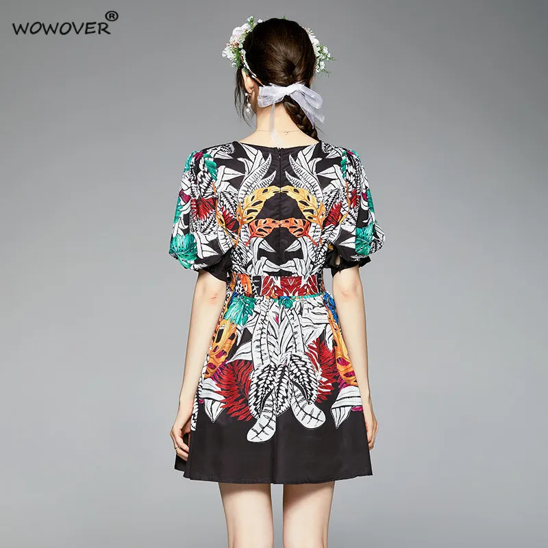 

Summer Style Fashion Runway Women's Puff Sleeve Vintage Print Empire Above Knee Casual Dress Holiday Mini Party Robe Femme