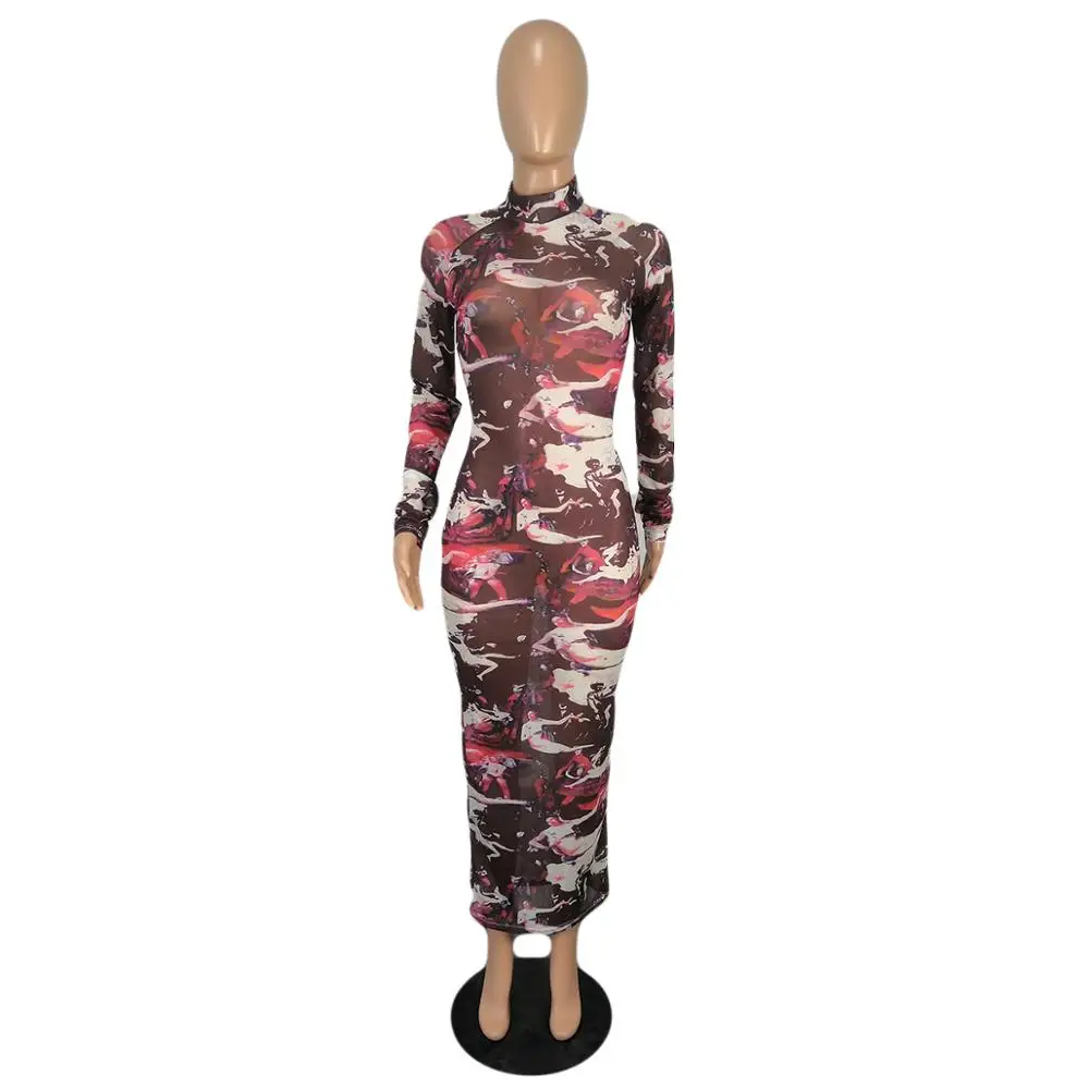 

2020 New Turtleneck Slim Long Sleeve Bodycon Sexy Maxi Dresses Women Fashion Skinny Clubwear Printed Party Dress Autumn