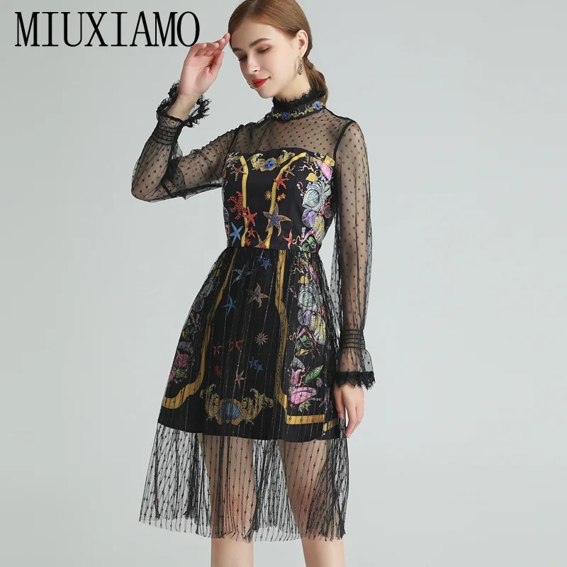 

MIUXIMAO 2021 Spring Summer Diamonds Starfish Print Lace Trumpet Sleeve Holiday Slim Elegant Midi Black Dress Women Vestidos