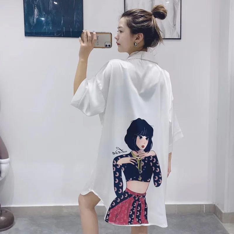 

Satin Young Girl Print Ms Nightgown Summer Short Korea Open The Deductions Woman's Nightwear Sexy Thin Section Nightdress