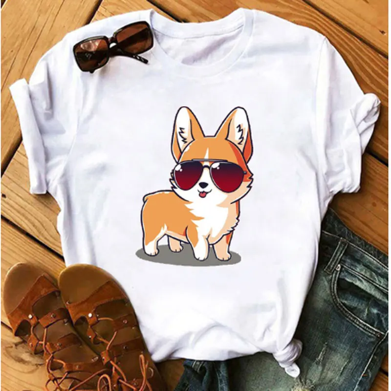 

Ladies T-shirt Harajuku Ulzzang Cute Cartoon Print Korean Ladies Funny Top AOWOF Summer Ladies New Kawaii Corgi T-shirt