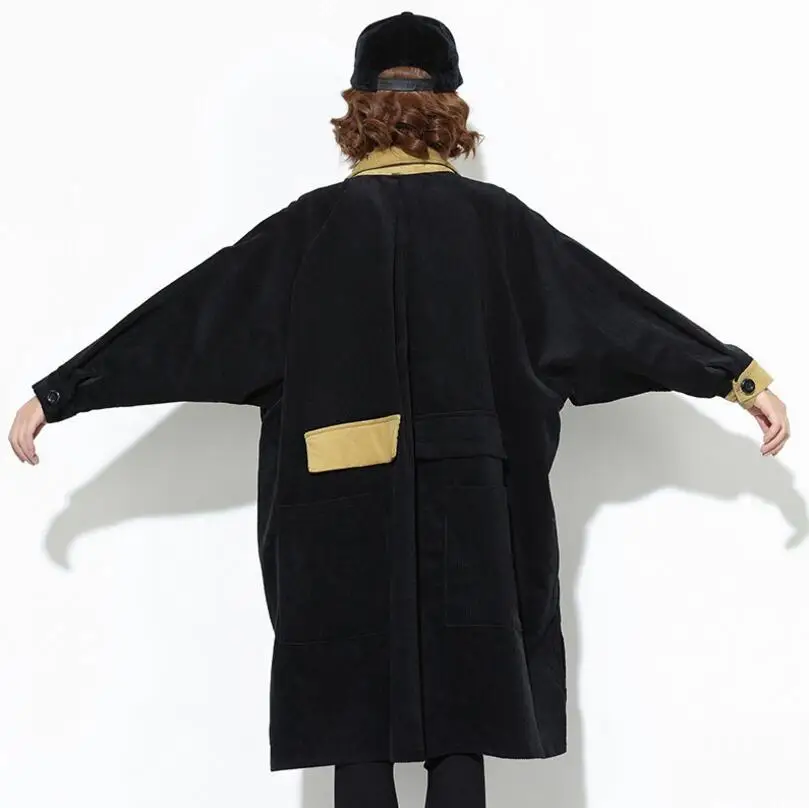 

And Winter Autumn Single Breasted Korean Version Lapel Pocket Corduroy Multi-color Windbreaker Women Loose Large Size Black Coat