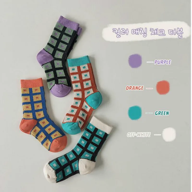 

4Pairs/lot Spring Autumn New Kids Socks Korean Fashion Lattice Baby Boys Girls Cotton Socks for 1-8Years Children Student