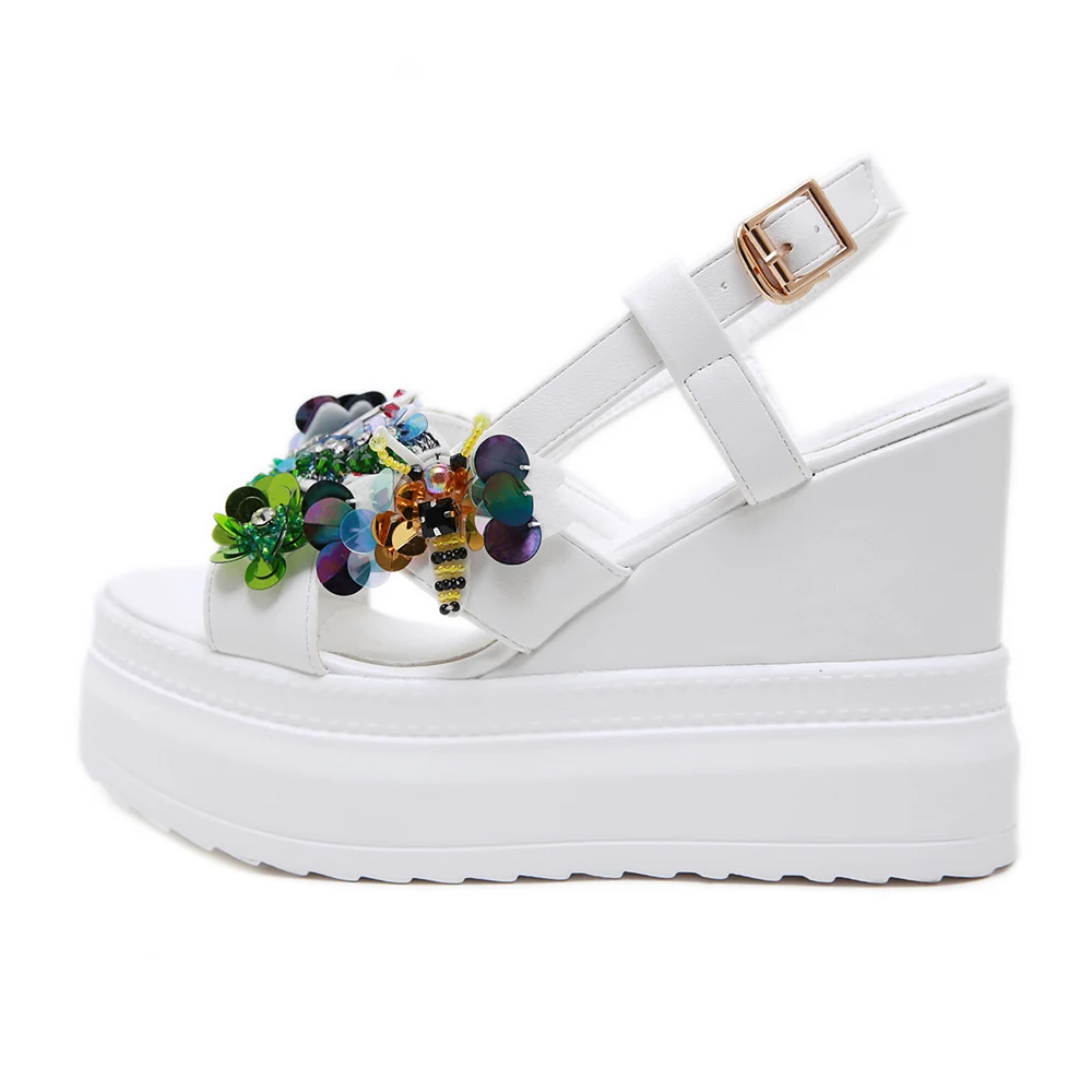 Женские босоножки на танкетке 11 см туфли-лодочки платформе 5 с бабочками и