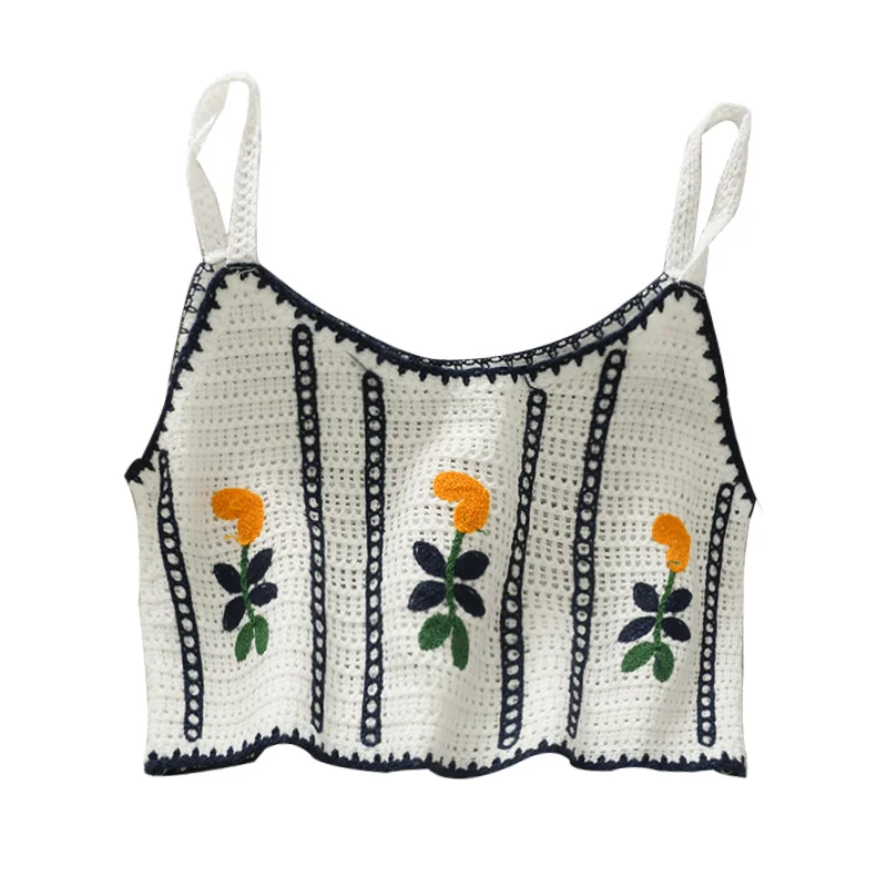 

2021 New Small Striped Embroidery Short Navel Knitted Camisole for Women Spring and Summer All-Match Outerwear Vest