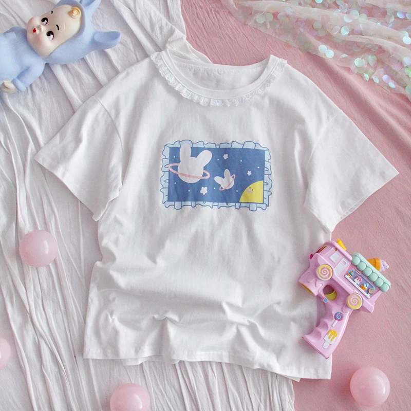 Футболка женская с кружевным воротником маленький Милая мультяшным принтом для