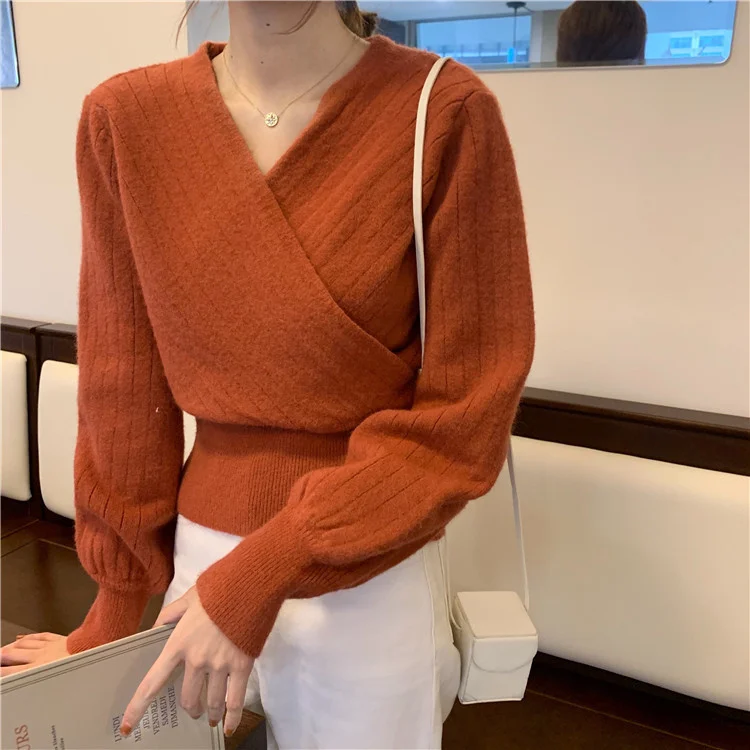 

Niche Slim V-neck Slim Fit Sweater Autumn French Long Sleeve Pullover Sweater Women
