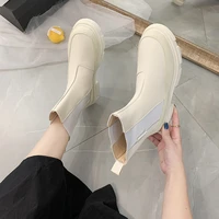 womens boots autumn and winter new style pu leather chelsea boots round toe square heel solid color short boots womens shoes