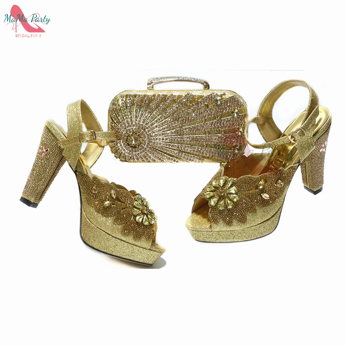 

Pretty Italian Women Shoes Matching Bag in Golden Color Peep Toe Elegant Ladies Sandals with Platform for Garden Party