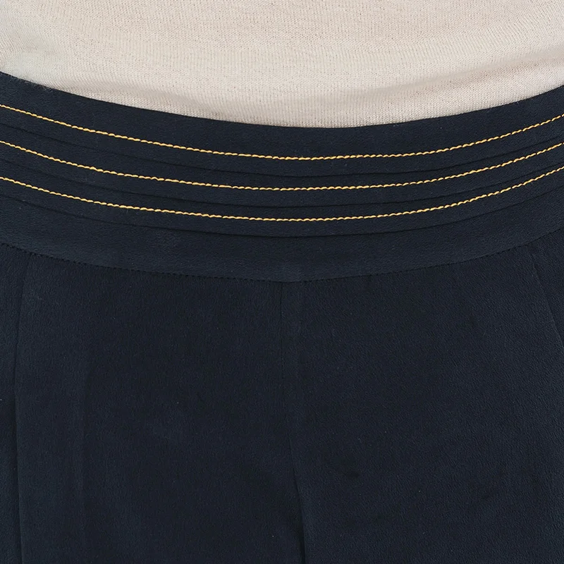 

VOA Heavyweight Silk 30m/m Navy Blue Trousers Women KE160 Distressed Side Zipper Tucker Pleats Decorative Retro Wide Leg Pants