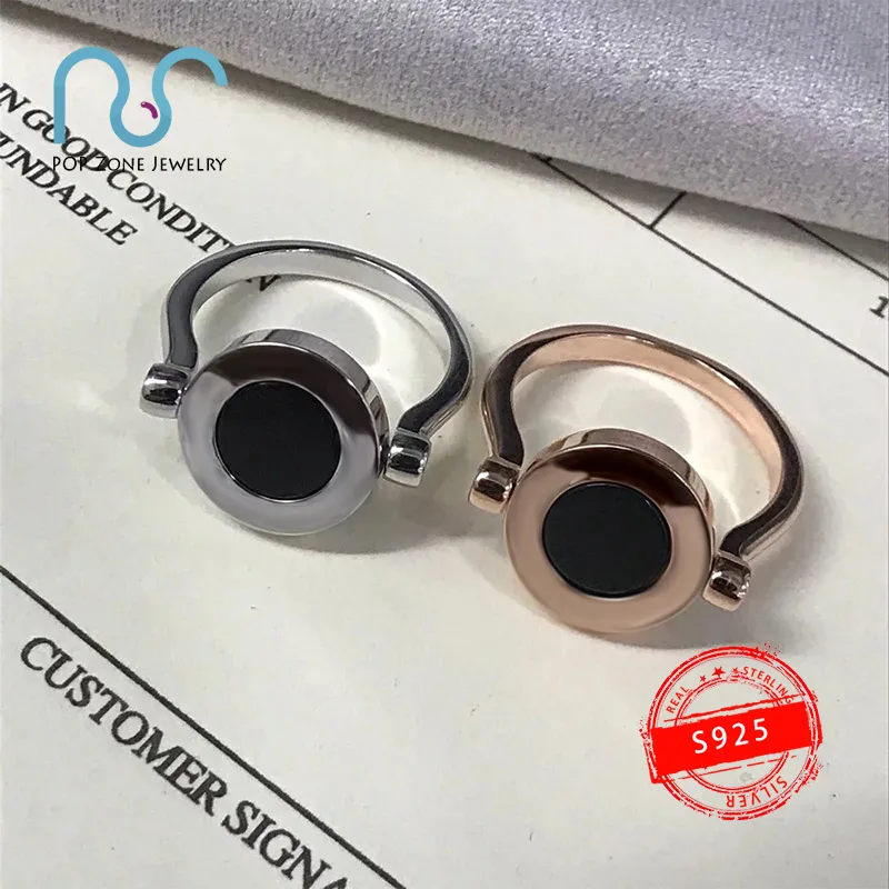 

S925 Sterling Silver Ring Brand Luxury Round Black and White Rotate Pearl Oyster Ring Original Jewelry Lovers Ring With Logo 1:1