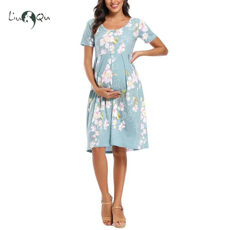 Women's Floral Short Sleeve Loose Maternity Dresses Pregnancy Clothes Summer Casual Soft Waist Pleated Print Knee Length Dress