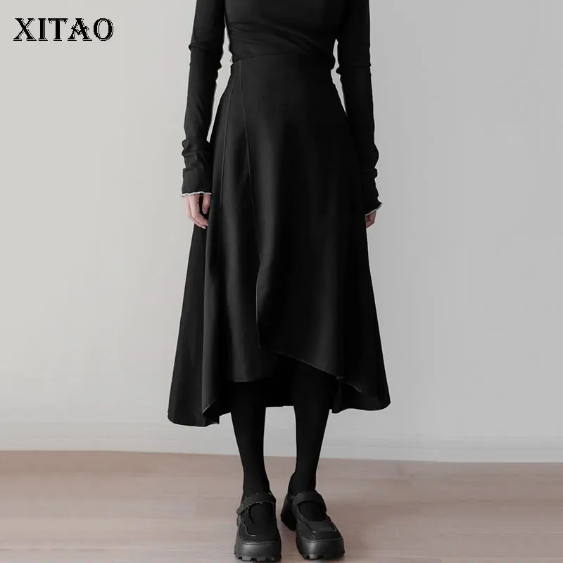 

XITAO, простая черная юбка, модная, темпераментная, универсальная, трапециевидная юбка, асимметричная, Осень-зима, новинка, эластичная резинка ...