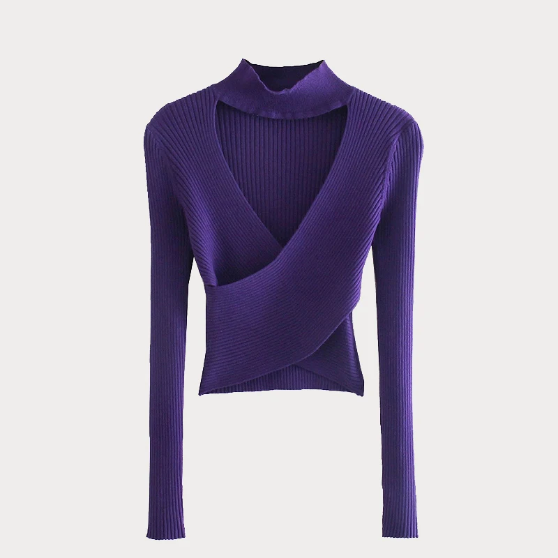 Женский короткий вязаный свитер ZA зеленый пуловер с вырезами длинным рукавом