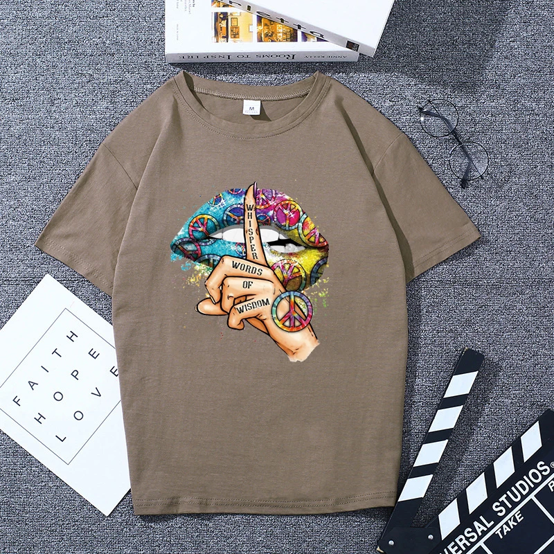 

Maycaur Fashion colour Lips Printed T Shirt Women Summer Short Sleeve Lips T-shirt White Tees Shirt Harajuku Korean Street Tops