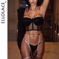 ellolace lingerie sequin lingerie set sexy push up bra 3 piece set padded womens underwear set bra and thong sexy lingerie