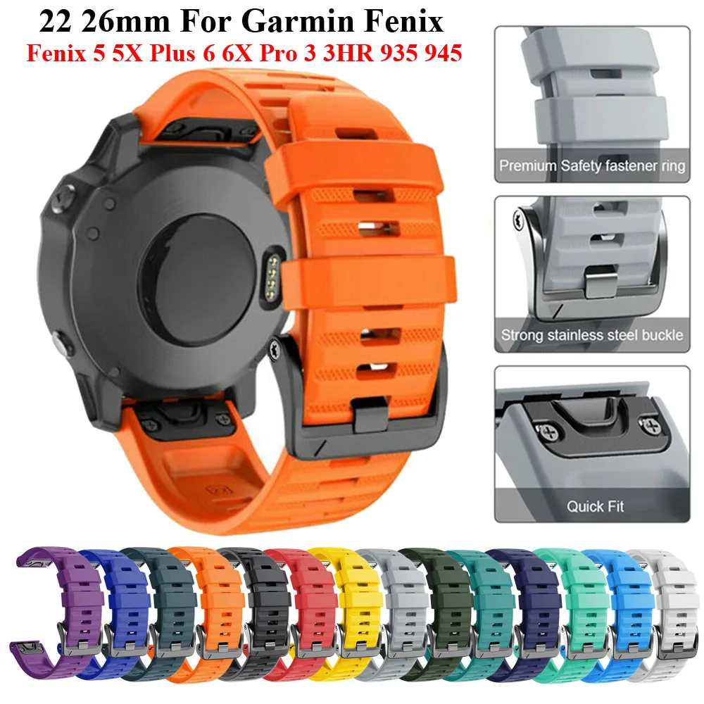 

22 26MM Quick Release EasyFit Silicone Watch Wrist Band Strap For Garmin Fenix 6 6X Pro Fenix5 5X 3HR 935 945 Wristband Bracelet