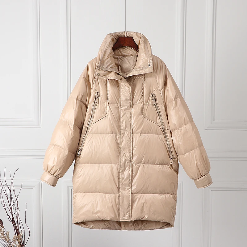 

White Duck Down Jacket Woman Stand Collar Long Coat Winter Loose Waterproof Down Overcoats Loose Parka Snow Outerwear