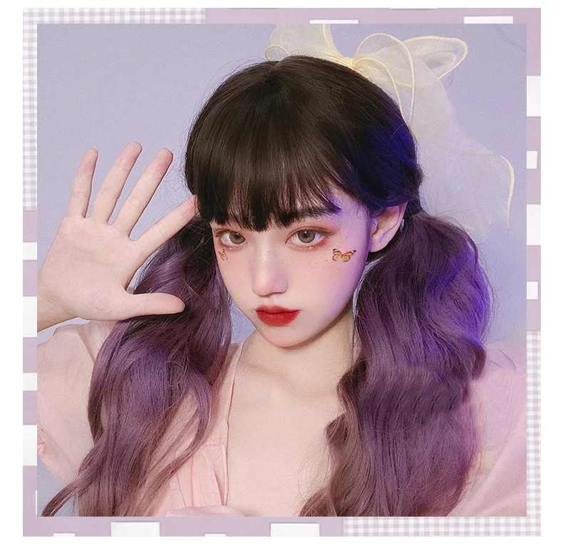 

Gradual Purple Lolita Wig Harajuku Fairy Summer 65cm Long Curly Sweet Fringe Bangs Adult Girls Cosplay Synthetic Hair