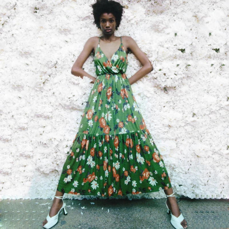 

Новинка 2021, женское пасторальное модное платье Unizera с принтом и V-образным вырезом на бретелях, 01198631500