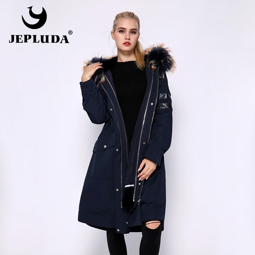 

JEPLUDA Fashion Plus Size Real Fur Parka New pattern Hooded Large Real Fox Fur Liner Full Pelt Rabbit Fur Warm Winter Coat Women