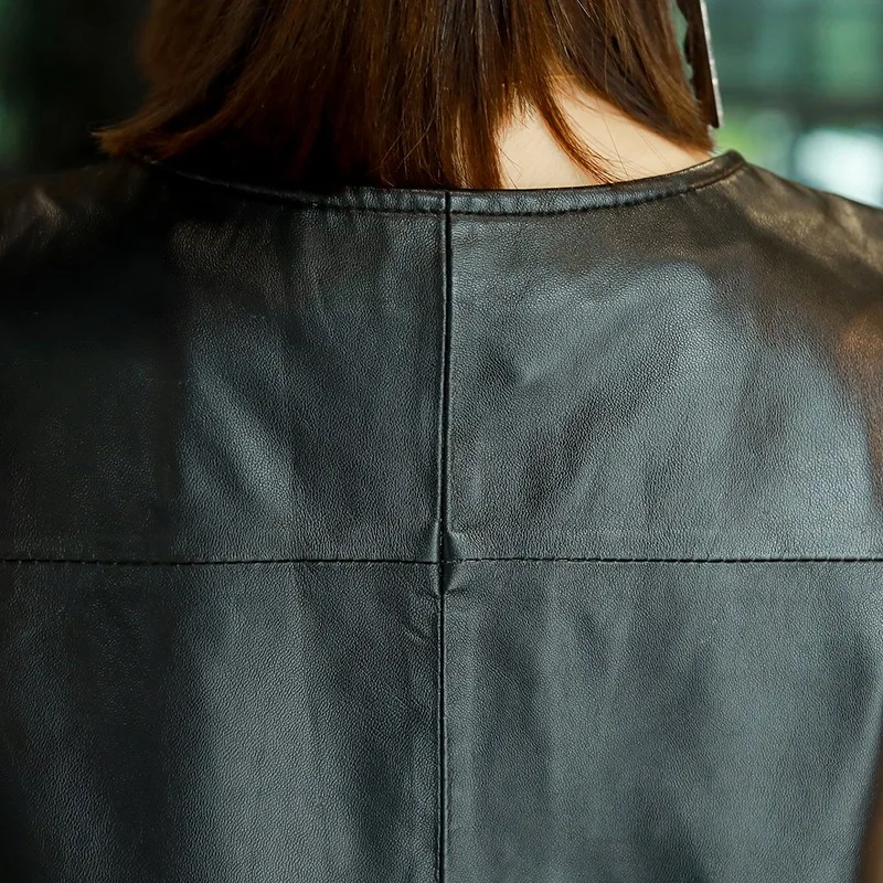 

Fashion Sleeveless Streetwear Slim Fit Women Genuine Leather Vests O-Neck Pullover Sheepskin Black Chalecos Para Mujer Plus Size
